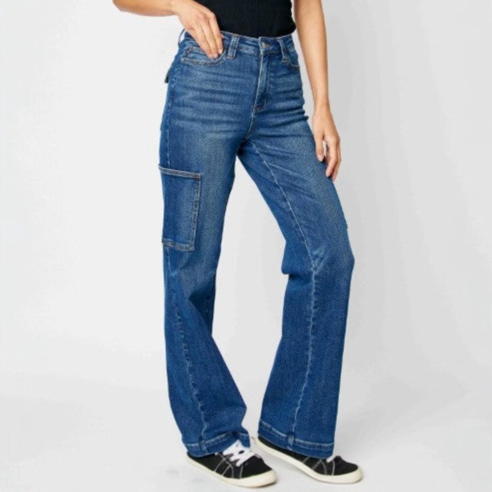 Judy Blue Cargo Wide Leg Jeans Size 7 | 28 High Rise Dark Wash Utility Denim